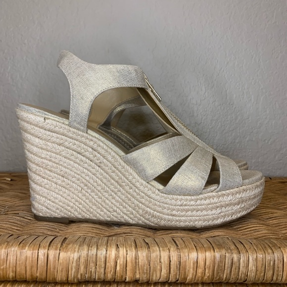 Michael Michael Kors Berkeley Gold Shimmer Linen Zip Up Wedges Size 10 - Picture 6 of 9